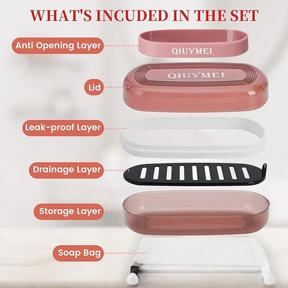 Shampoo Bar Holder and Soap Case | Leakproof Travel Container with Lid & Drain Tray | Includes Silicone Strap and Mesh Soap Bag | for Bathroom, Shower, Camping, Gym Travel (Red, Large)