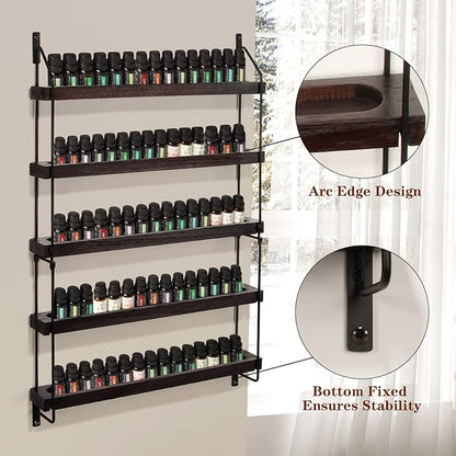 THYGIFTREE Essential Oil Storage Shelf Wall Mounted 16.9" Wooden Essential Oil Collection Display Rack Organizer 5 Tiers Holds 75 Bottles, Nail Polish Holder Paint Organizer