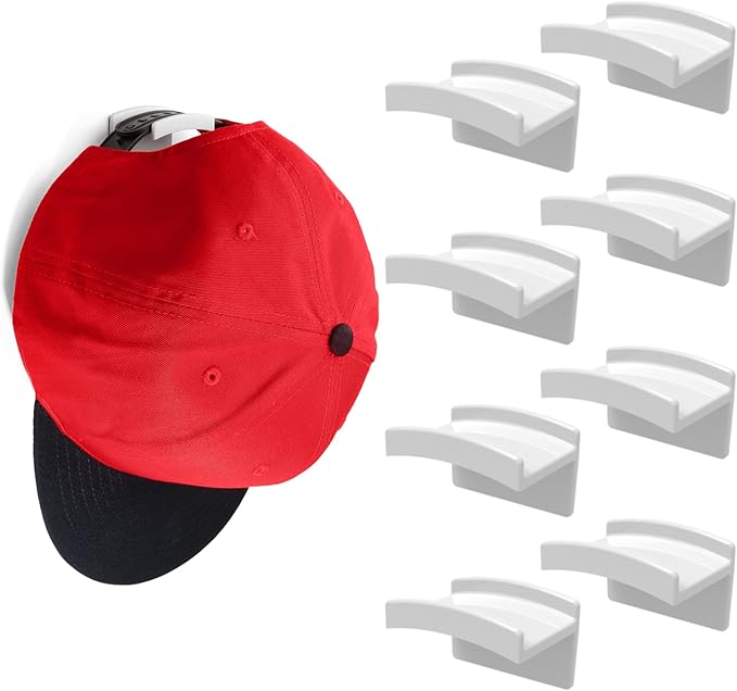 Modern JP Adhesive Hat Hooks for Wall (8-Pack) - Minimalist Hat Rack Design, No Drilling, Strong Hold Hat Hangers - USA Patented, White
