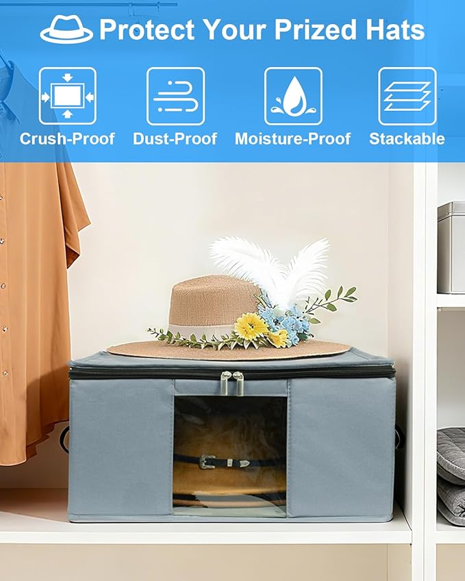 Large Cowboy Hat Storage Box with All Around Hardboard Support, Stackable, Crush-Proof, Dust-Proof Hat Carrying Case for Home & Travel, Rigid Hat Carrier Fits Up to 16" Wide Brim Hats, Grey