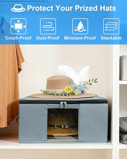 Large Cowboy Hat Storage Box with All Around Hardboard Support, Stackable, Crush-Proof, Dust-Proof Hat Carrying Case for Home & Travel, Rigid Hat Carrier Fits Up to 16" Wide Brim Hats, Grey