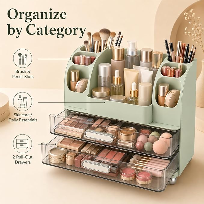 Makeup Organizer with 2 Drawers, Cosmetic Display Case, Storage Holder for Vanity, Bathroom Counter, Desk, Beauty Supplies (Green)