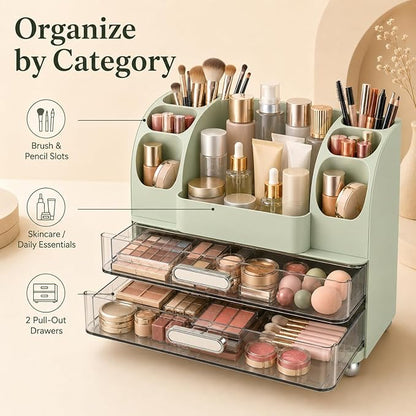 Makeup Organizer with 2 Drawers, Cosmetic Display Case, Storage Holder for Vanity, Bathroom Counter, Desk, Beauty Supplies (Green)