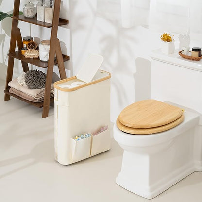 StorageWorks Toilet Paper Storage Baskets with Dual Flip Lids, Toilet Paper Organizer for Bathroom, Toilet Paper Container with Side Pocket, Holds 15 Mega or 20 Regular Rolls, Large, Beige