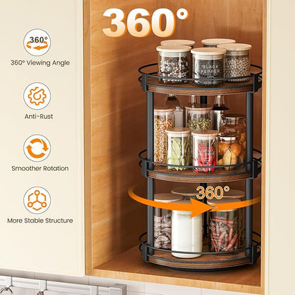 Snughome Lazy Susan Organizer, 3 Tier Rotating Spice Rack, Turntable Lazy Susan Kitchen Countertop Organizer, 10.2" x 10.2" x 18.5", Rustic Brown