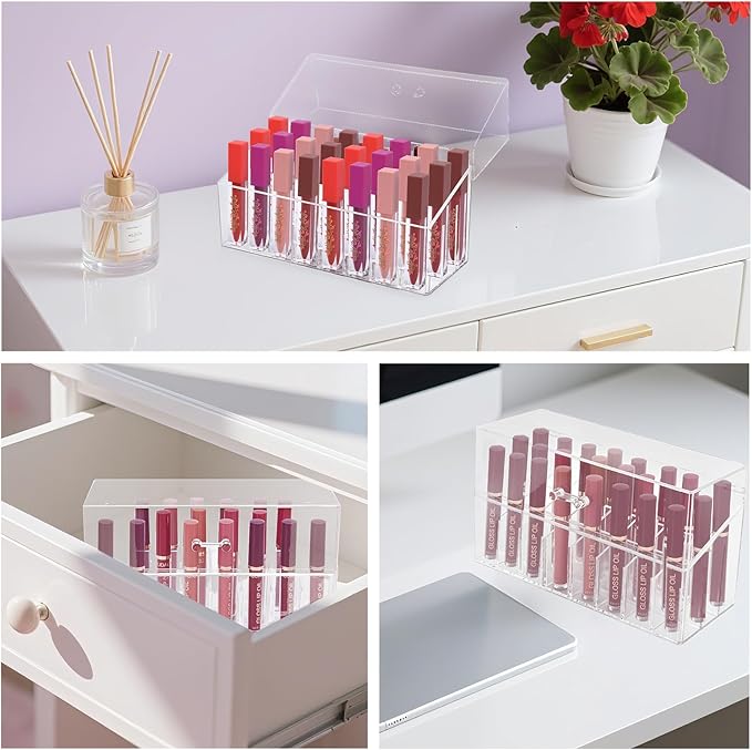 Acrylic Lipgloss Lip Gloss Holder & Rollerball Perfume Organizer for Compact Essential Oil Rollerball Perfume Holder, Makeup Brush, 18 Slots Tubular Storage Display Cabinet With Cover