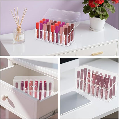Acrylic Lipgloss Lip Gloss Holder & Rollerball Perfume Organizer for Compact Essential Oil Rollerball Perfume Holder, Makeup Brush, 18 Slots Tubular Storage Display Cabinet With Cover