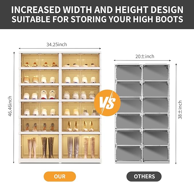 CIMLORD 6-Tier Foldable Shoe Rack Organizer for Closet 24Pairs Plastic Shoe Shelf Collapsible Shoes Storage Box Clear Shoe Boxes Stackable with Door Easy Assembly Shoe Cabinet with Lids Large