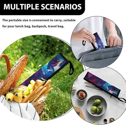 COEQINE Portable Utensil Storage Case Wolf Galaxy Straws Carrying Case Travel Utensil Pouch With Carrying Handle Portable Chopsticks Solverware Bag for Women Men,Cool Wolf Animal