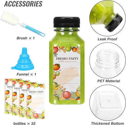TOMNK 32pcs 8oz Plastic Juice Bottles with Caps Empty Reusable Clear Bottles with Label, Funnel and Brush Beverage Containers Bulk with Lids for Juicing, Smoothies, Fridge