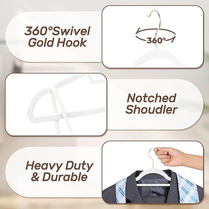 Sishynio Velvet Hangers 30 Pack with Gold Hooks, Non-Slip Slim Felt Hanger for Clothes, Heavy Duty Space Saving Flocked Hangers for Dresses, Suits, Coats & Pants(White)