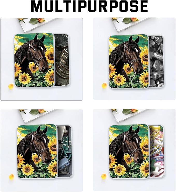 Metal Tin Box with Lid for Game Cards Home Large Organizer Candles Keys Crafts Storage - Comes with 4 Magnetic Cord Clips，Horses and Sunflowers