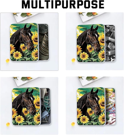Metal Tin Box with Lid for Game Cards Home Large Organizer Candles Keys Crafts Storage - Comes with 4 Magnetic Cord Clips，Horses and Sunflowers