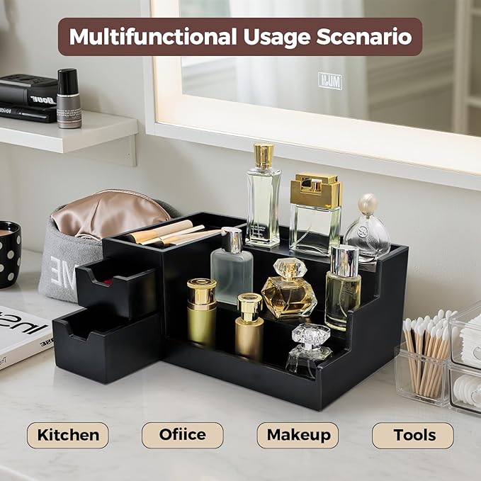 Countertop Perfume & Makeup Organizer - Wooden Rack, Cologne Stand Shelves & Skincare Organizer for Bedroom Dresser, Organizador de Perfumes Estante para Perfumes (Black, 01)