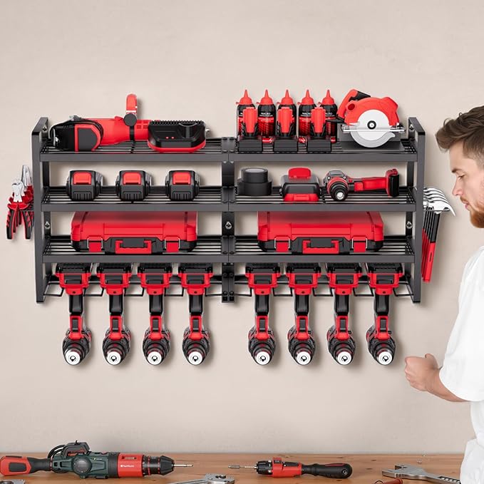 VEVOR Power Tool Organizer Wall Mount, 4-Layer Storage Rack with 8 Drill Holders, Tools Holder and Storage Rack with Screwdriver Holder, Garage Tool Organizer for Garage, Workbench, and Workshop