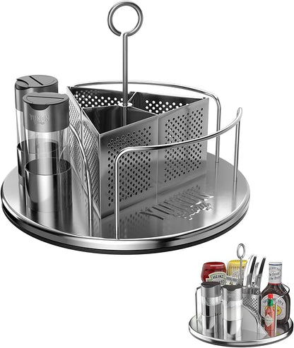 Yukon Glory Stainless Steel Rotating Condiment Caddy, Lazy Susan Utensil Caddy with Napkin Holder, BBQ Grill Caddy for Outdoor Patio Table & Picnic