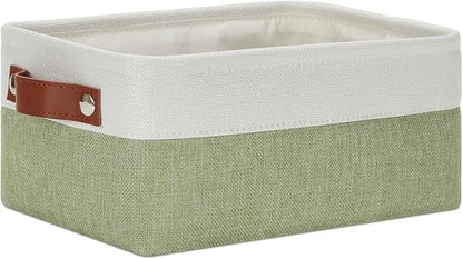 DULLEMELO Small Storage Basket, Fabric Collapsible Gift Storage Basket for Shelves, Closets, Nursery, Home, Office Organizing, Small Canvas Linen Rectangular Storage Bin with Handles (White&Green)