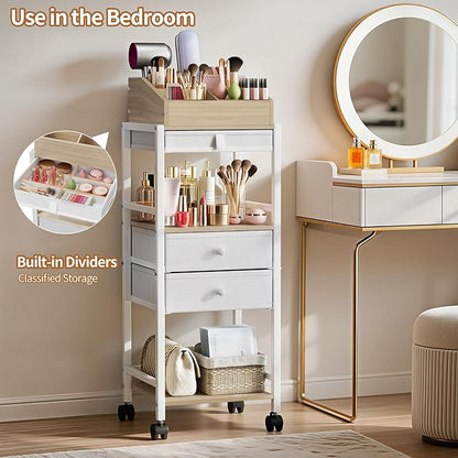 Luxspire Makeup Organizer Cart, Floor Skincare Organizers, Makeup Storage with Drawers, Vanity Organizer Cosmetics Display Cases Holder for Skin Care, Perfume, Makeup Brush, Hair Tool, Wood & White
