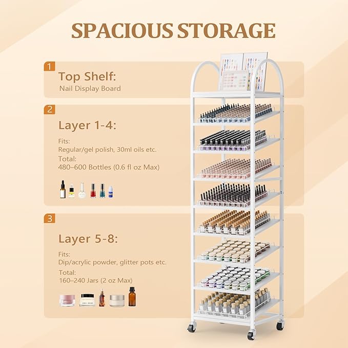 OmySalon Rolling Nail Polish & Powder Display Stand - 8 Tier Mobile Nail Salon Organizer Rack with Wheels, Holds 600 Bottles & 240 Jars for Nail Artists, Salon Display, Retail Store (White)