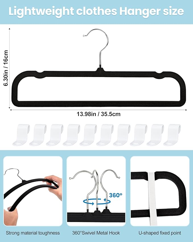HGYZE Velvet Pants Hangers with Non Slip Bar, 20 Pack Felt Trouser Hanger, Perchas Terciopelo, Percha para Pantalones with 360° Swivel Hook for Spaghetti Strap Dresses, Shorts, Jeans, Slack, Black