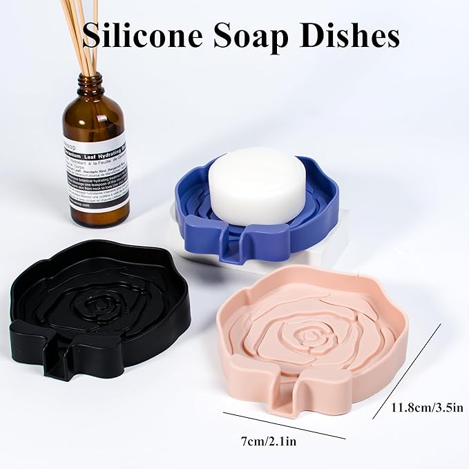 3PC Self-Draining Silicone Soap Dish, Soap Holder/Tray/Saver for Shower, Bathroom, Kitchen, Bathtub, Keep Soap Dry and Easy to Clean (Dark Color)