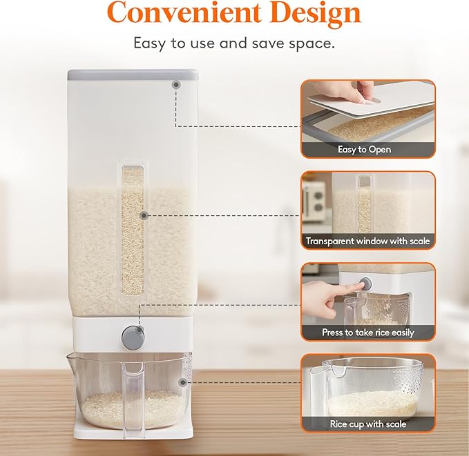 Lifewit Rice Dispenser 25 Lbs(11.3kg), Rice Storage Container Sealed Moisture Proof with Measuring Cup for Kitchen Pantry Household, BPA-Free, 1 Pack Clear