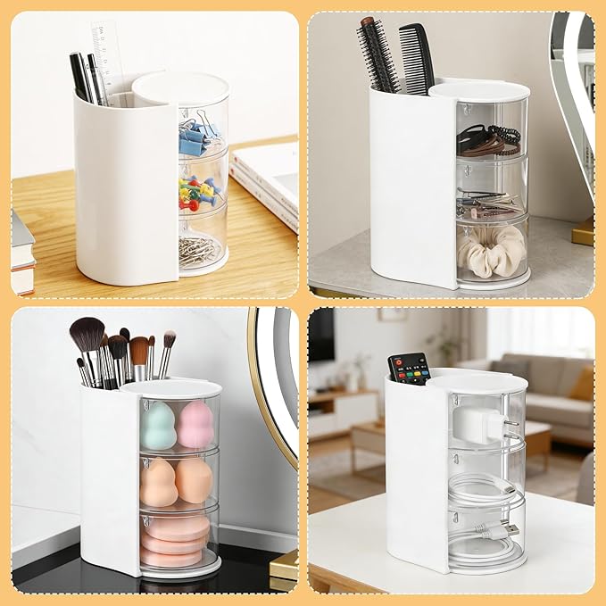 3-Tier Rotating Hair Accessories Organizer, 360° Spinning Storage Stand for Makeup Brushes and Jewelry, Compact Vanity Display Case for Girls, Holds Hair Clips, Earrings, Rings, Bracelets(White)