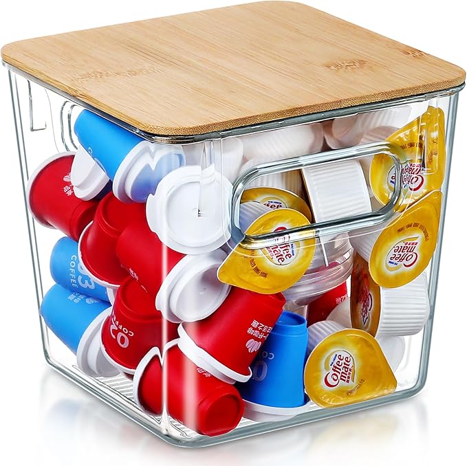 Qilinba 3 PACK Coffee Pod Holder K Cup Organizer Large Capacity Clear Storage Container Bins with Bamboo Lids for Coffee Bar Organization and Storage