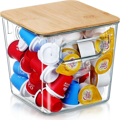 Qilinba 3 PACK Coffee Pod Holder K Cup Organizer Large Capacity Clear Storage Container Bins with Bamboo Lids for Coffee Bar Organization and Storage