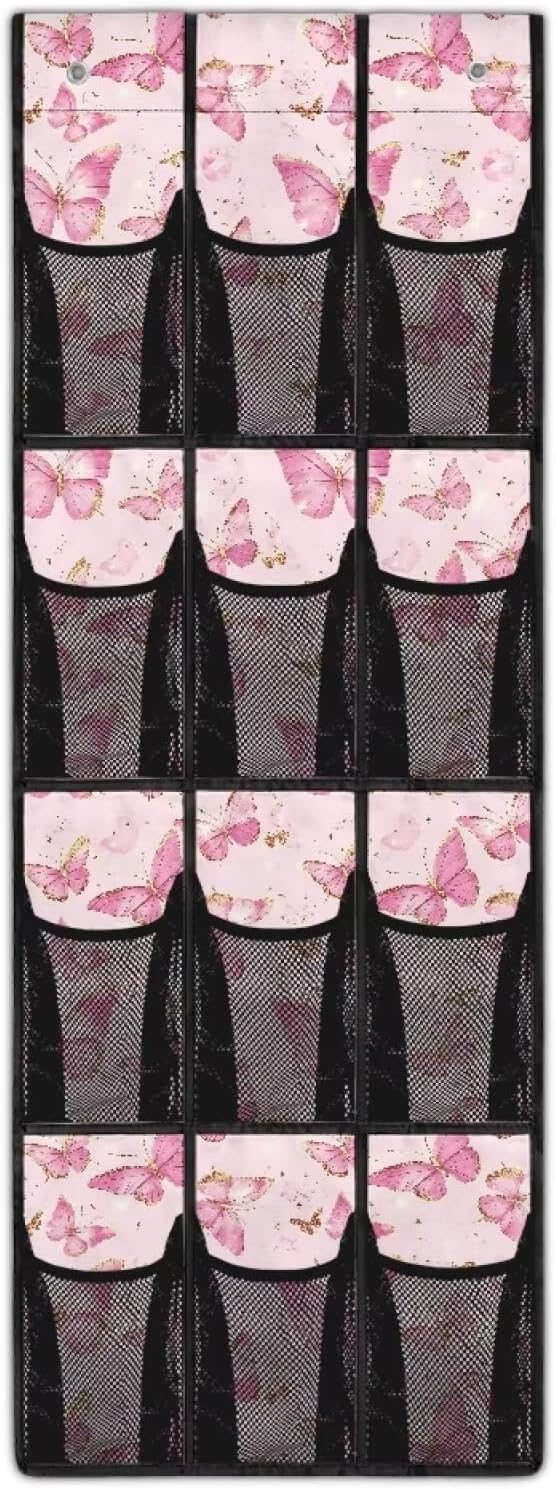 Extra Large 12-Pocket Storage Hanging Bag for Behind The Door, Heavy Duty Oxford Fabric, Waterproof Lightweight and Space-Saving Organizer for Home Use, Pink Butterfly