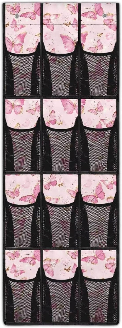 Extra Large 12-Pocket Storage Hanging Bag for Behind The Door, Heavy Duty Oxford Fabric, Waterproof Lightweight and Space-Saving Organizer for Home Use, Pink Butterfly