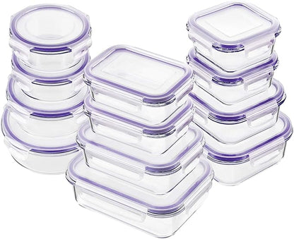 Bayco Glass Food Storage Containers with Lids, [24 Piece] Meal Prep Containers, Airtight Bento Boxes, Leak Proof (12 lids & 12 Containers) - Purple