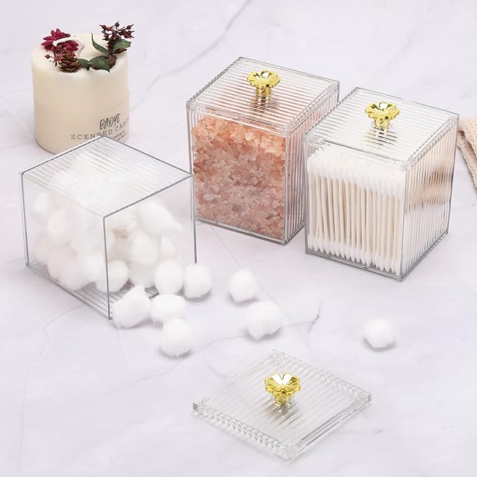Tecbeauty 3PCS Qtip Holder Bathroom Organizer and Storage Containers Plastic Apothecary Jars Dispenser with Lids for Cotton Swab, Cotton Round Pads, Floss