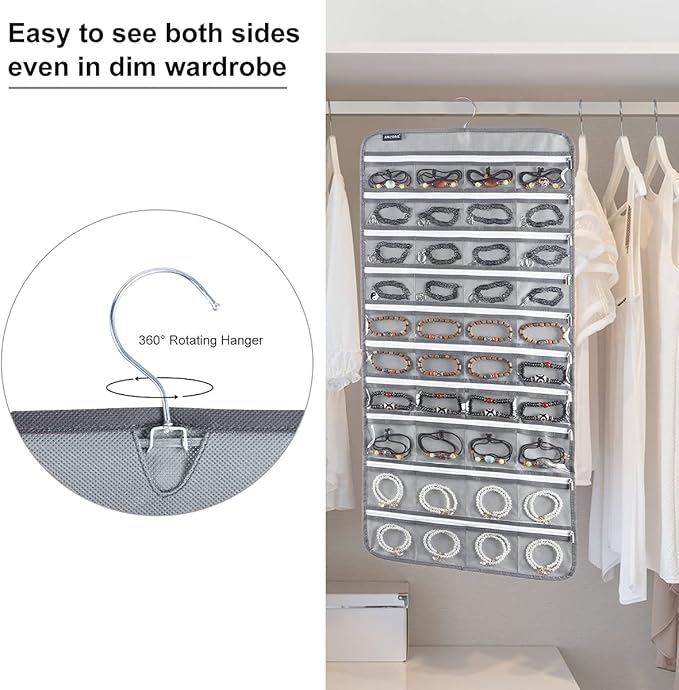 80 Zippered Pockets Hanging Jewelry Organizer for Holding Jewelries Dual-Sided Accessory Display Holder for Earrings Bracelets Rings (80 Zippered Pockets-Grey)