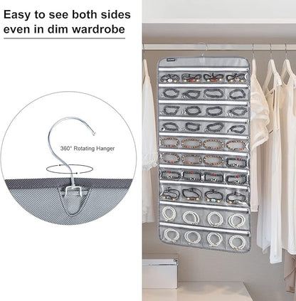 80 Zippered Pockets Hanging Jewelry Organizer for Holding Jewelries Dual-Sided Accessory Display Holder for Earrings Bracelets Rings (80 Zippered Pockets-Grey)