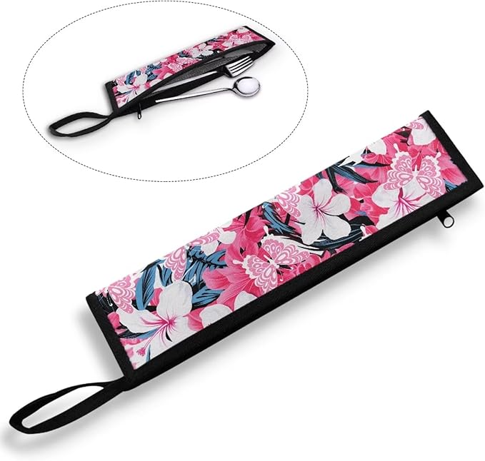 COEQINE Boho Floral Themes Kitchen Utensil Holder Case Pink Silverware Organizer With Leafproof Machine Washable Soft Fabric For Fork Spoon Knife Organizer Table Case With Handles