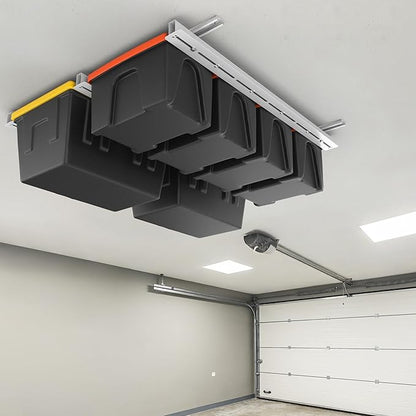 TORACK Garage Ceiling Bin Storage Rack, Overhead Tote Storage Rail System Heavy Duty Adjustable Tote Slide Rails Garage Bins Storage System(White, Bins are not included)