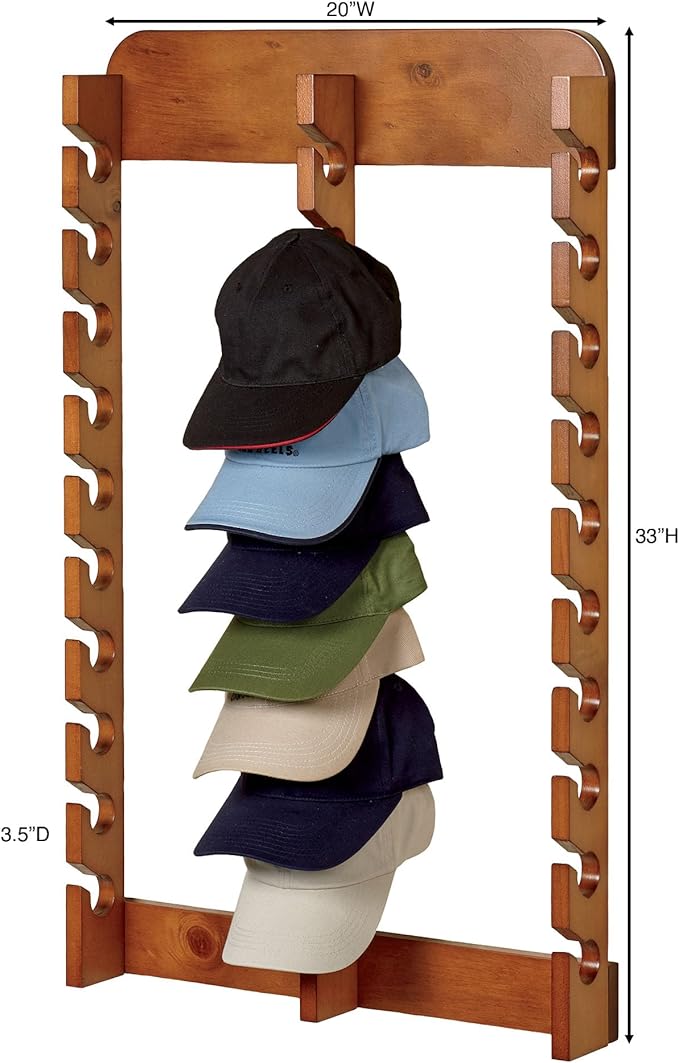 Touch of Class Wooden Ball Cap Display Wall Rack - Windsor Oak - Triple, 30 Slots - Baseball Hat Display - Made of Wood - Class Racks for Hats - Organizer for Bedroom, Living Room, Entryway