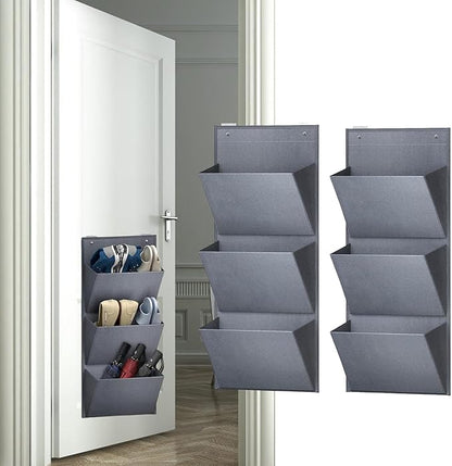2 Pack Over The Door Shoe Organizer with 3 Sections for Towels and Laundry Items, Gray