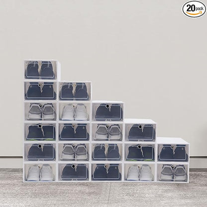 20 Pack Shoes Storage Boxes - Clear Plastic Foldable Stackable Shoe Organizer Containers Bins Holders for Closet Bedroom Small Space