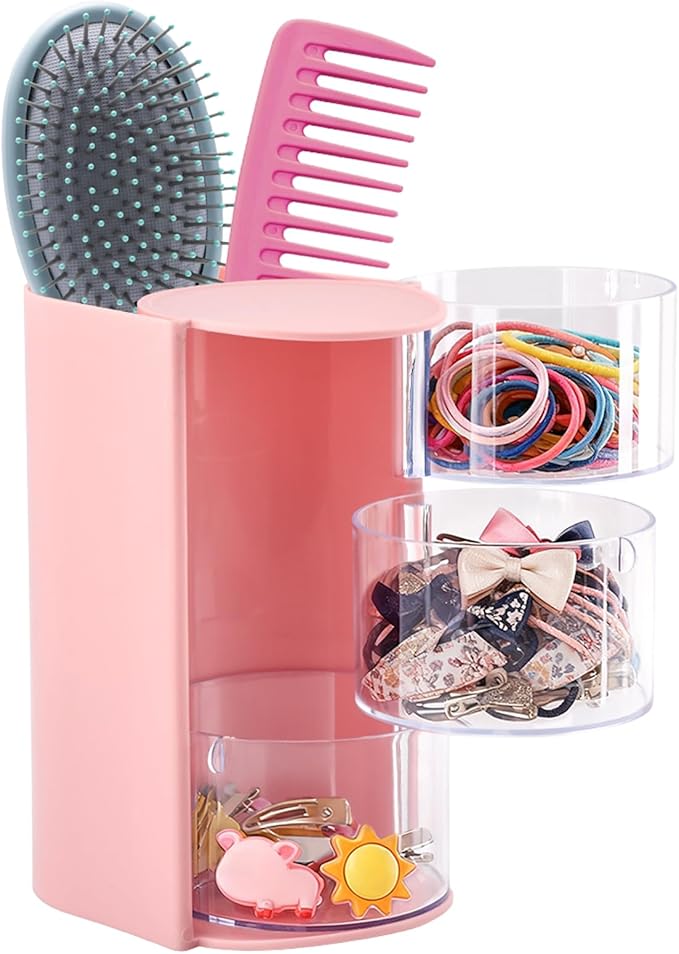 3-Layer Hair Accessories Organizer with Hair Brushes Holder,Rotatable Drawer Makeup Sponge Holder for Necklaces, Earring,Ring,Makeup Brushes,Hairs Clip ﻿