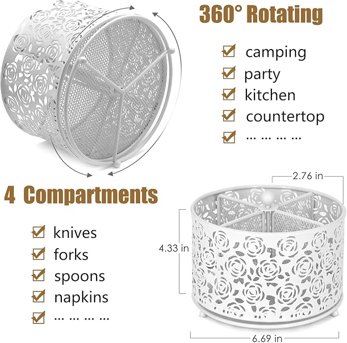 DysanVica 360° Rotating Metal Silverware Caddy - 4 Compartment Utensil Cutlery Holder Fork Spoon Napkin Organizer Flatware Storage Basket Party Countertop Buffet Picnic Camping Outdoor (White)