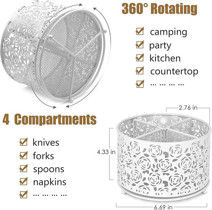 DysanVica 360° Rotating Metal Silverware Caddy - 4 Compartment Utensil Cutlery Holder Fork Spoon Napkin Organizer Flatware Storage Basket Party Countertop Buffet Picnic Camping Outdoor (White)