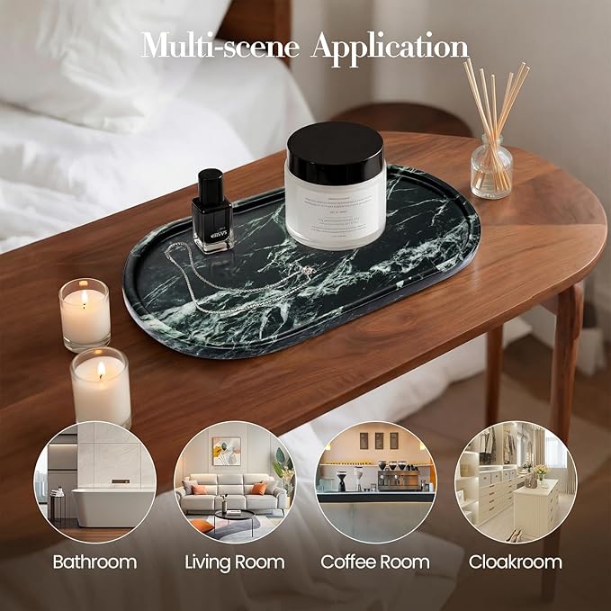 Natural Marble Tray Bathroom Tray, Luxury Decorative Trays for Bathroom, Vanity, Dresser, Kitchen & Home Decor, Valentine's Day House Warming Gifts New Home (Green)