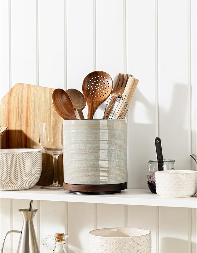 Utensil Holder, 360° Rotating Extra Large Ceramic Kitchen Utensil Holder for Countertop, 7.3" Cooking Utensil Crocks with Rotatable Wooden Base, Farmhouse Decor, Dusty Gray