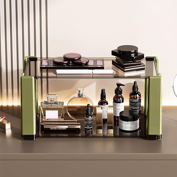 2-Tier Modern Minimalist Display Shelf, Multi-Purpose Organizer for Makeup,Perfume, Mugs, Figures, Clear Desktop Storage with Sturdy Frame for Bathroom, Kitchen, Office, and Home Decor Green