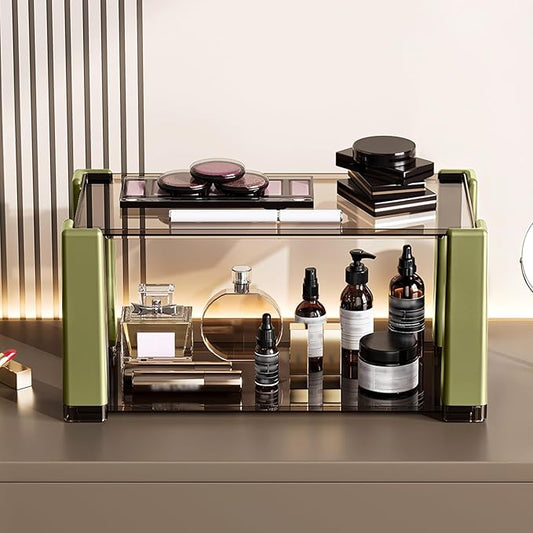 2-Tier Modern Minimalist Display Shelf, Multi-Purpose Organizer for Makeup,Perfume, Mugs, Figures, Clear Desktop Storage with Sturdy Frame for Bathroom, Kitchen, Office, and Home Decor Green