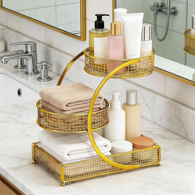 AMANKA 3-Tier Metal Cosmetic Organizer,Cosmetic storage rack for vanity tables,Multipurpose Metal Bathroom Organizers and Storage, Use Countertop Organizer for perfume/makeup/Vegetables (GOLD)