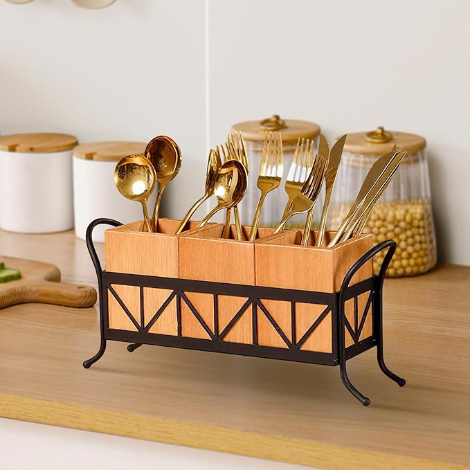 Garvee Acacia Wood Utensil Holder, Waterproof Wooden Flatware Caddy Silverware Holder with 3 Detachable Compartments & Handles, Fork Spoon Knife Organizer for Party BBQ