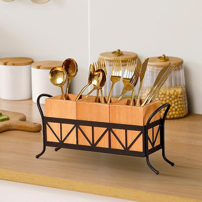 Garvee Acacia Wood Utensil Holder, Waterproof Wooden Flatware Caddy Silverware Holder with 3 Detachable Compartments & Handles, Fork Spoon Knife Organizer for Party BBQ